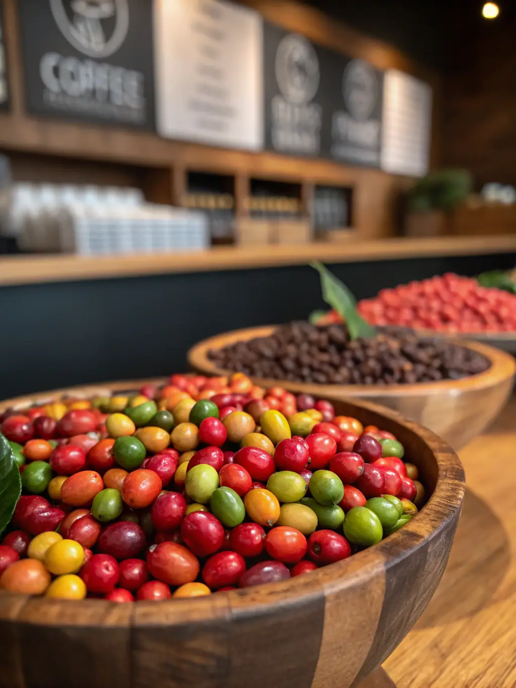 A high-quality image of a variety of coffee beans from different origins, including Bali, Brazil, and Ethiopia, each with distinct characteristics and colors, arranged on a wooden table.