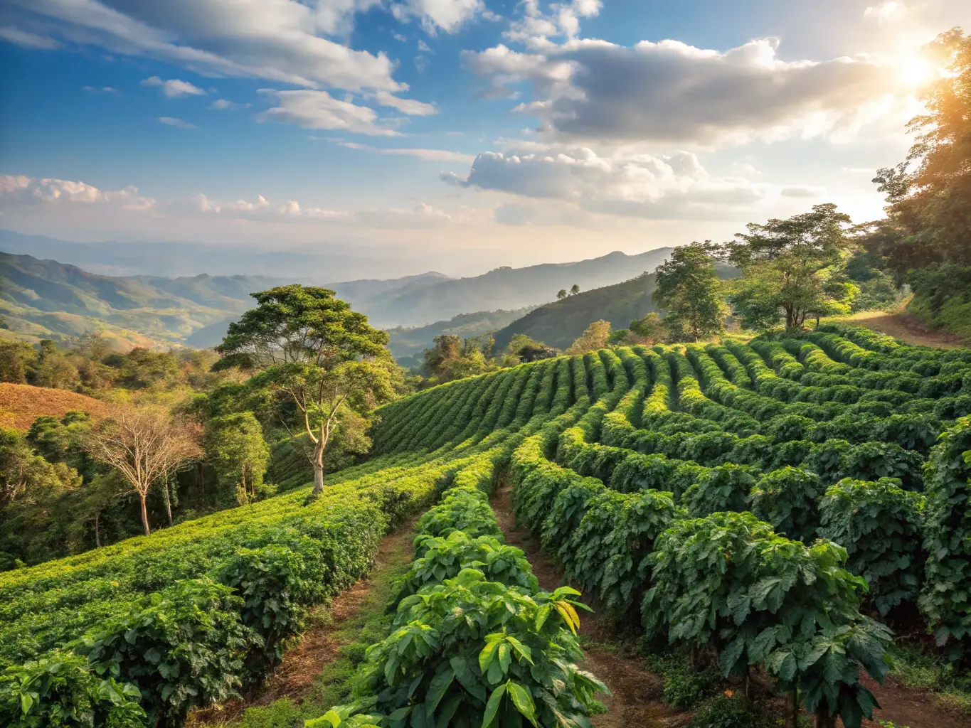A lush, green coffee plantation in Colombia, showcasing the mountainous terrain and vibrant coffee cherries.