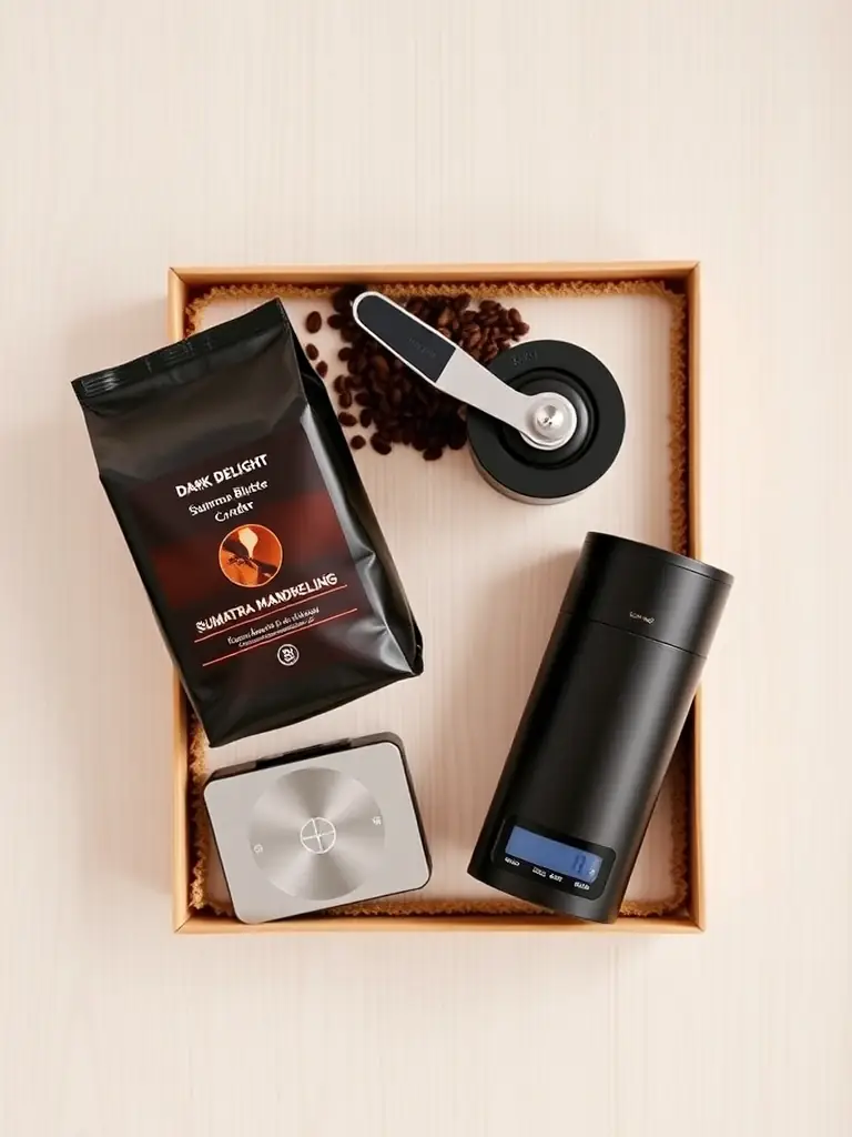 An elegantly arranged Tunungua Farms coffee gift set, featuring a selection of single-origin coffees, a French press, and a branded mug, all packaged in a rustic wooden box.