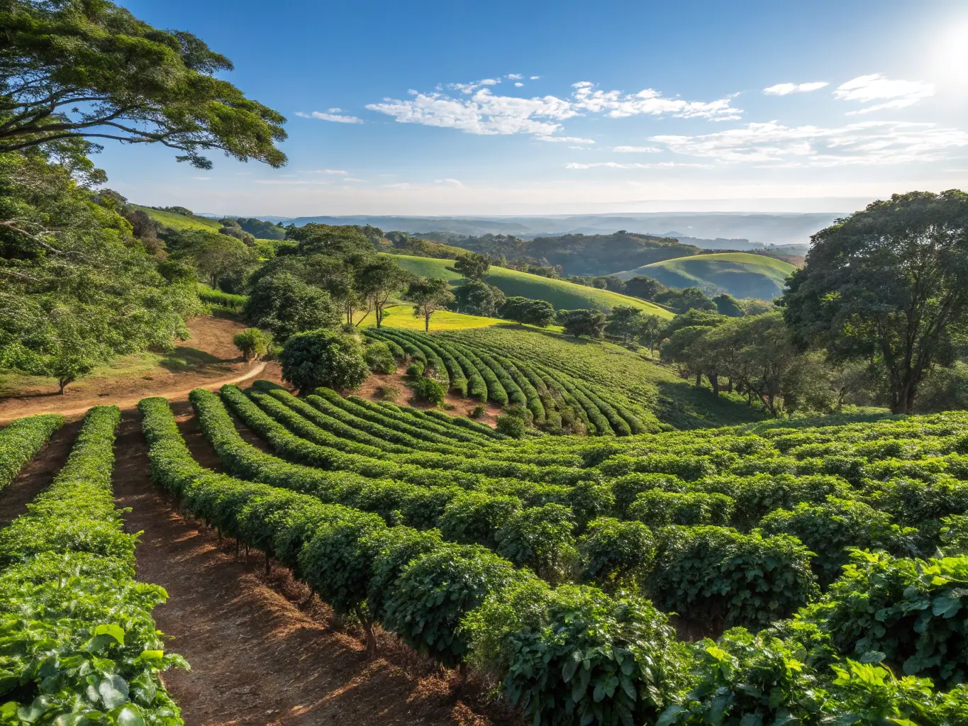 A serene image of an organic coffee farm, emphasizing the sustainable and eco-friendly practices employed. The image should convey the purity and natural goodness of organic coffee.