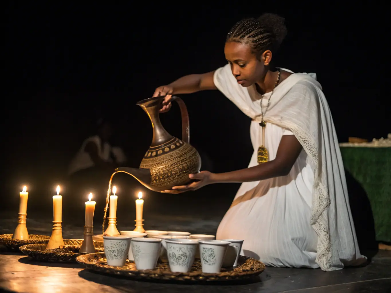 A visually appealing image of a traditional African coffee ceremony, highlighting the cultural significance of coffee in the region. The image should feature vibrant colors and intricate patterns.