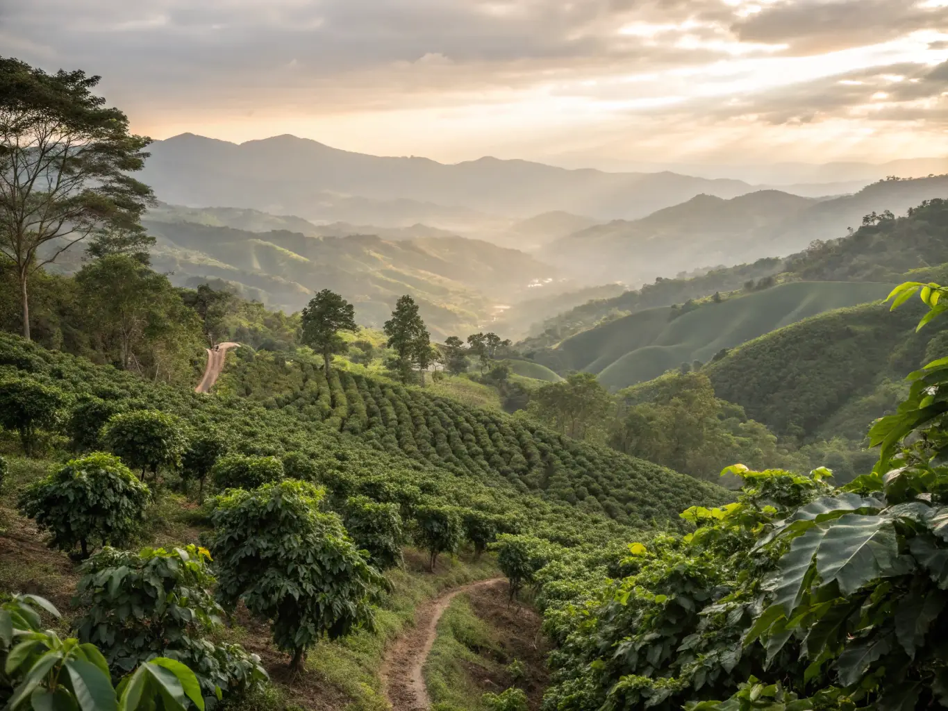 A picturesque scene of a coffee farm in Bali, showcasing the volcanic soil and lush vegetation that contribute to the coffee's unique flavor.