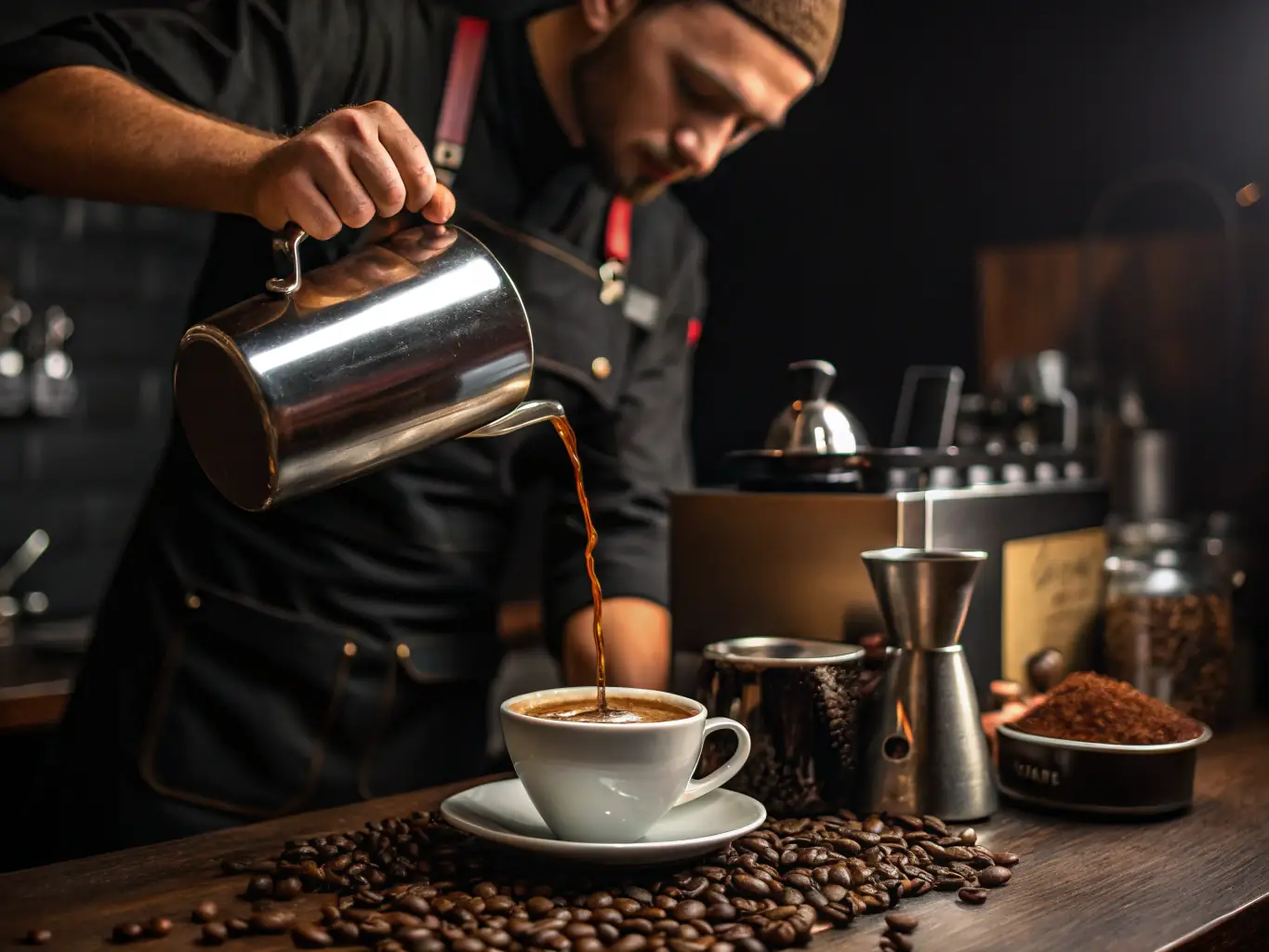 A visually appealing image of a barista carefully blending different coffee beans, with a focus on the textures and colors of the beans, set against a backdrop of coffee plants.