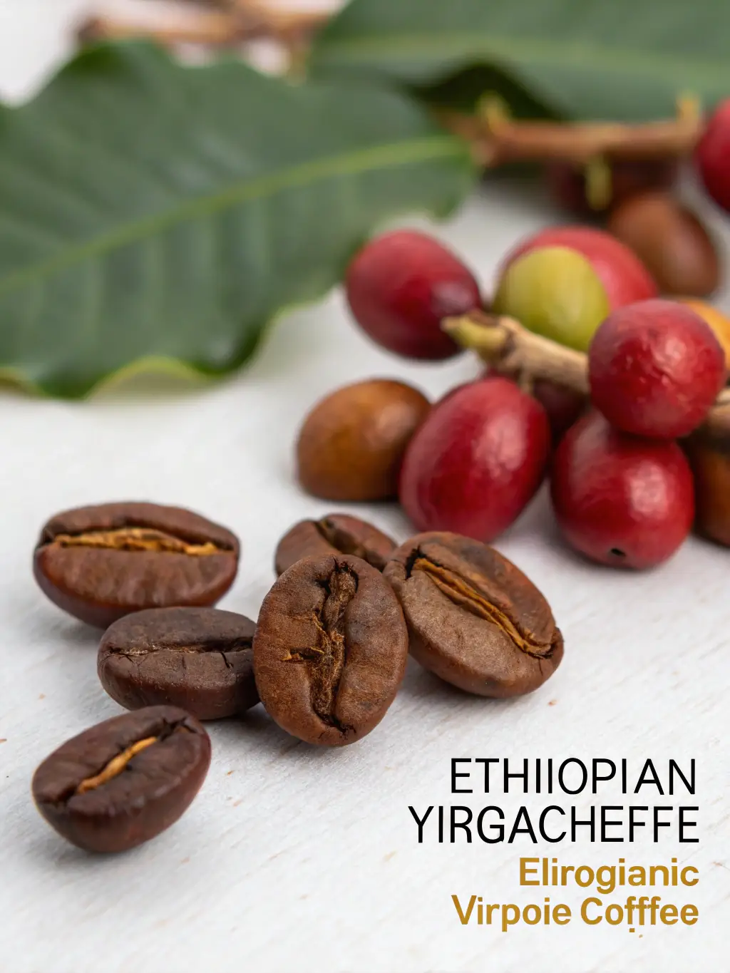 A vibrant image of Ethiopian Yirgacheffe coffee beans, highlighting their unique shape and lighter color, with a traditional Ethiopian coffee pot in the background.