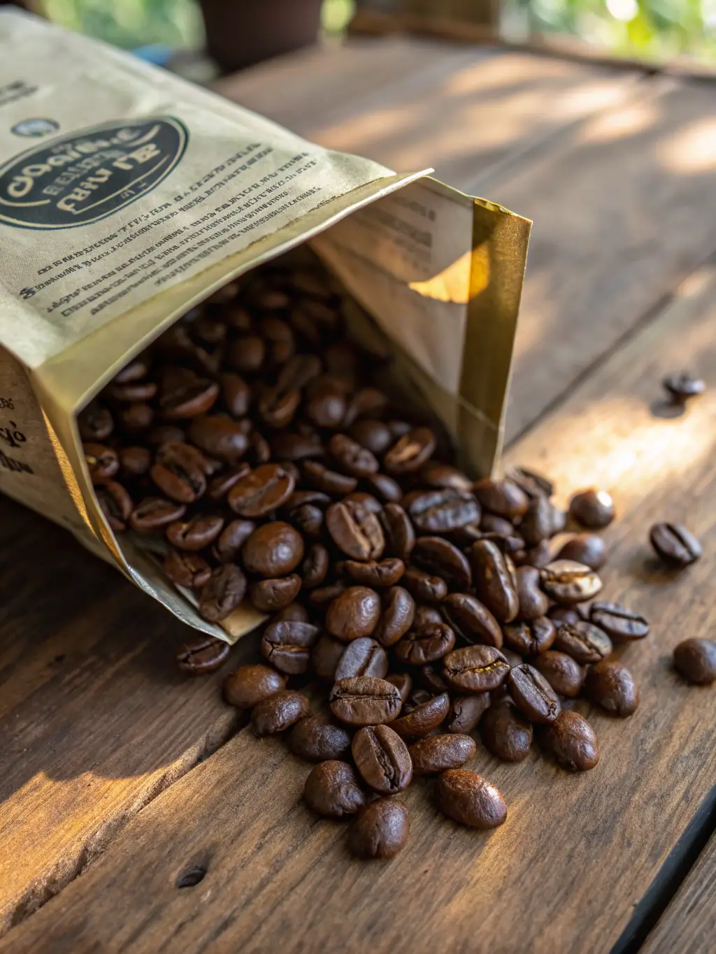 A close-up shot of freshly roasted Colombian coffee beans, showcasing their rich, dark color and oily surface, with a burlap sack in the background.