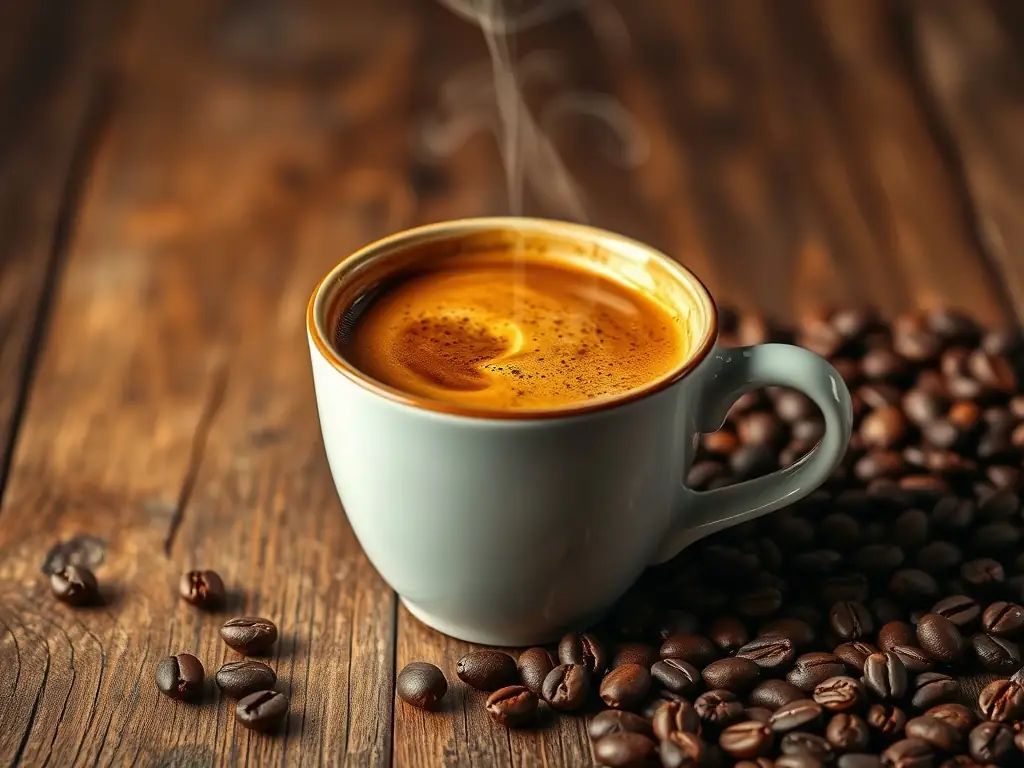 A steaming cup of premium blend coffee with a backdrop of coffee beans, highlighting the harmonious flavor profile of Tunungua Farms' blends.