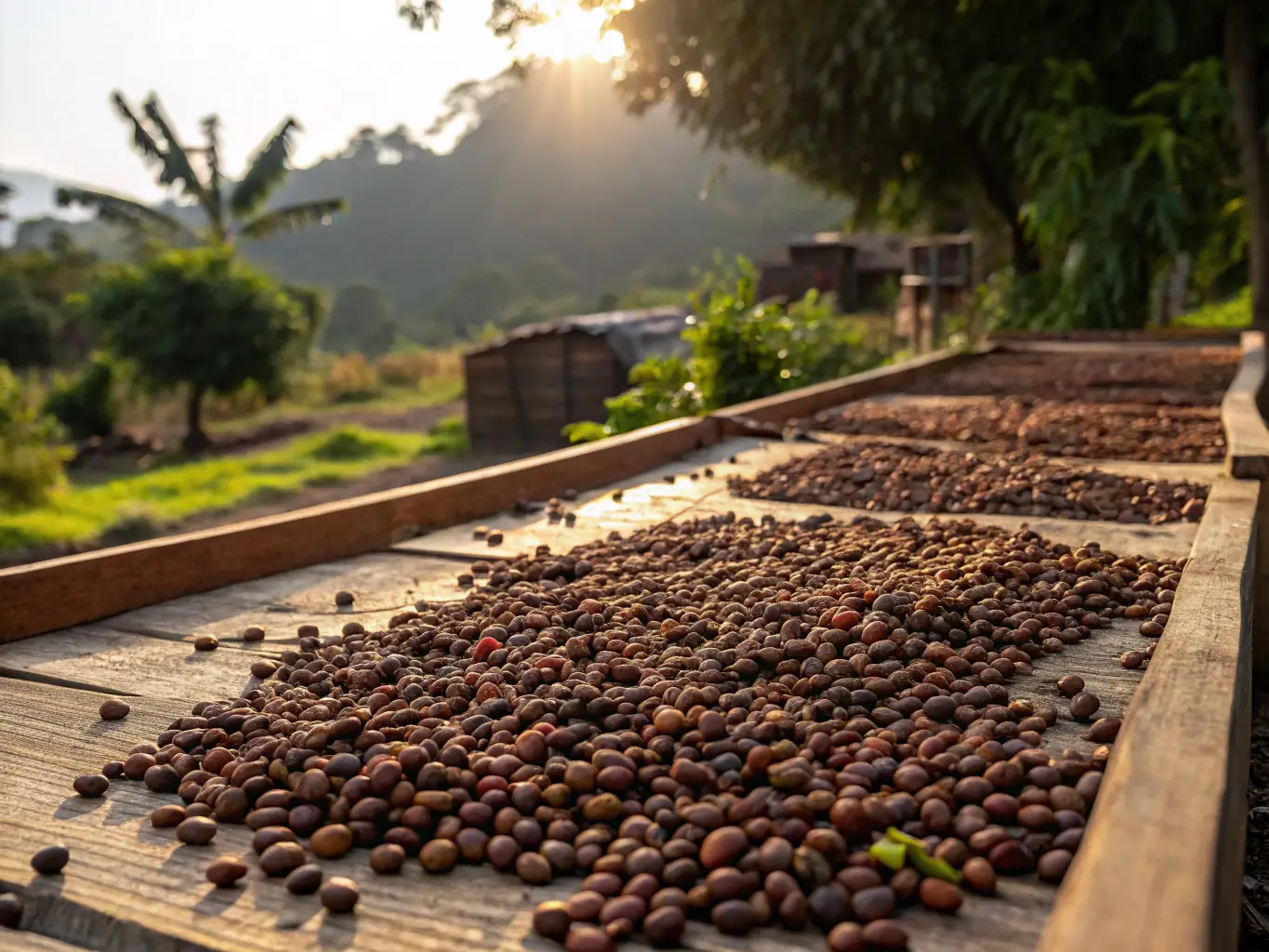 A vibrant image of coffee beans drying in the sun in Ethiopia, highlighting the traditional methods used in coffee production.