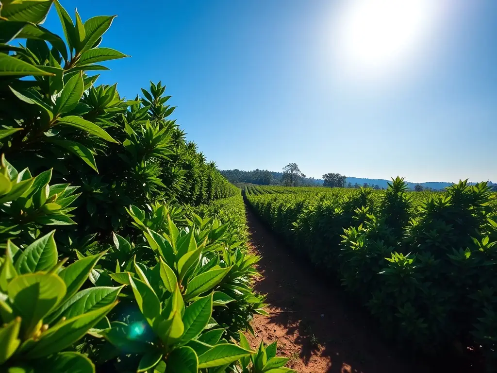 A vibrant image showcasing a lush coffee plantation in Latin America, with ripe coffee cherries ready for harvest. The scene should convey the rich agricultural heritage of the region.
