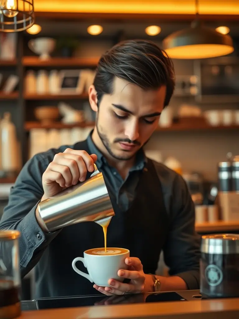 A visually appealing image of a barista pouring a perfectly brewed cup of Tunungua Farms' premium blend coffee, highlighting the crema and inviting aroma.
