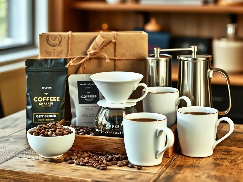 An elegantly arranged coffee gift set, featuring various coffee bags, a French press, and a ceramic mug, all presented in a rustic wooden box with Tunungua Farms branding.