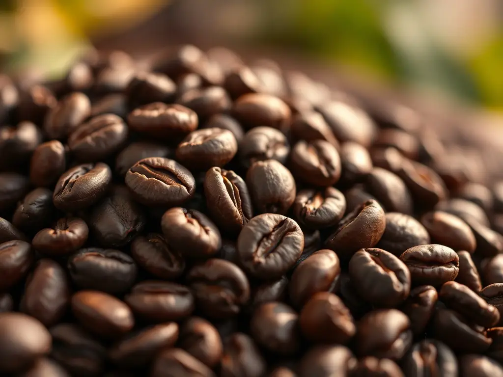 A bag of Colombian Supremo estate coffee beans, dark roasted, with a label depicting lush Colombian coffee plantations and a premium estate seal, set against a neutral background highlighting the beans.
